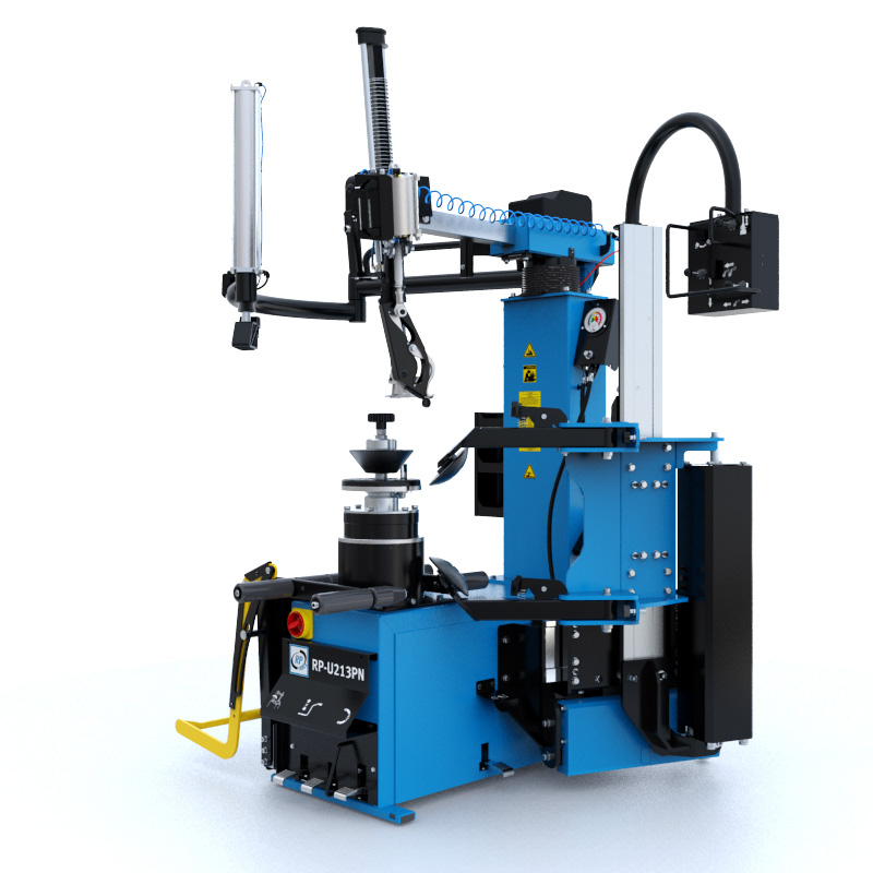 En hydraulisk däckomläggare från RP Tools i blå och svart design med kromade detaljer. 