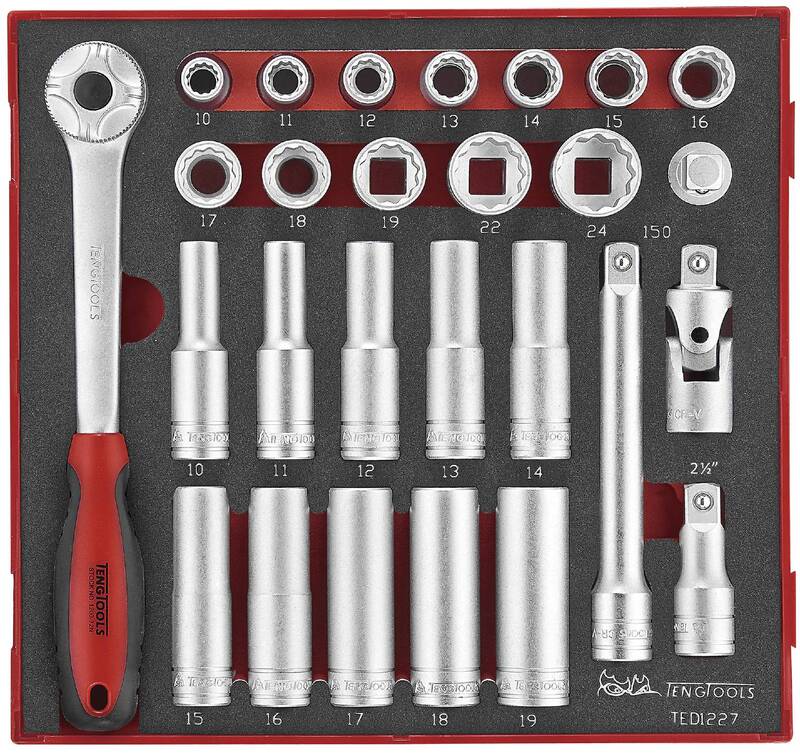 27 delars Hylsnyckelsats med 1/2'' fyrkantsfäste. Teng Tools TED1227, maskiner & utrustning av hög kvalité. Alltid med snabb service - Smart Verkstad