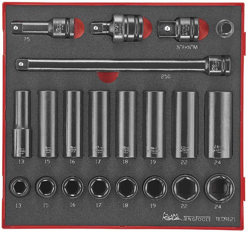 21 delars Krafthylssats med 1/2'' fyrkantsfäste. Teng Tools TED 9121, maskiner & utrustning av hög kvalité. Alltid med snabb service - Smart Verkstad